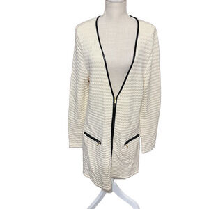 Boston Proper XL Sweater Coat Cardigan Wool blend cream leather trim pockets